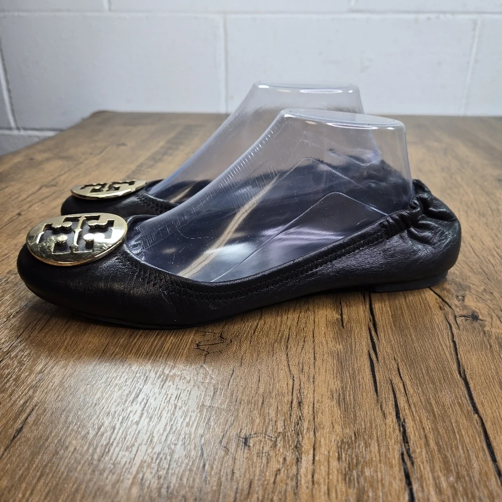 Tory Burch Reva Black Leather Ballet Flats Gold Logo Hardware